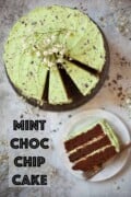 A chocolate mint cake with slices cut from it with text overlay.