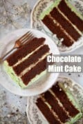 Three slices of chocolate cake sandwiched with mint buttercream on plates with text overlay.