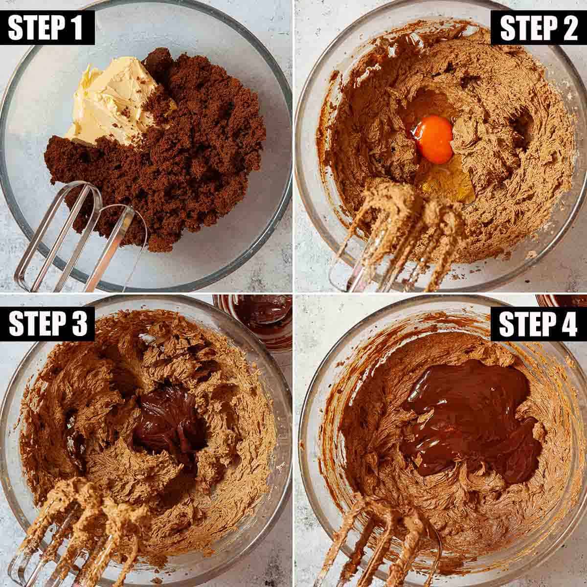 Collage of images showing cake batter being made.