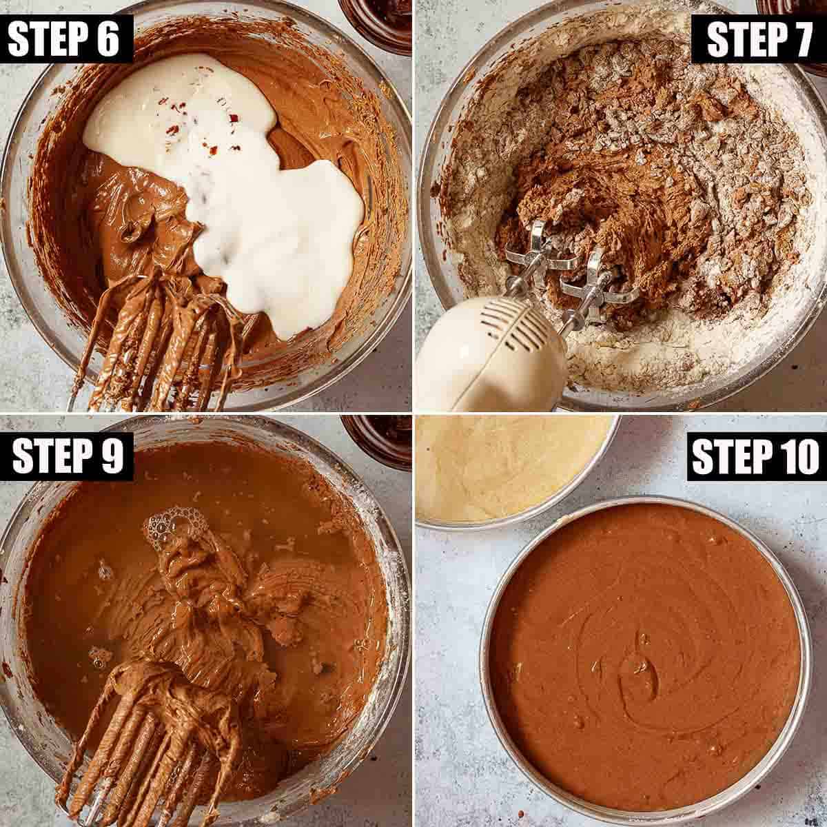 Collage of images showing cake batter being made and put into baking tins.