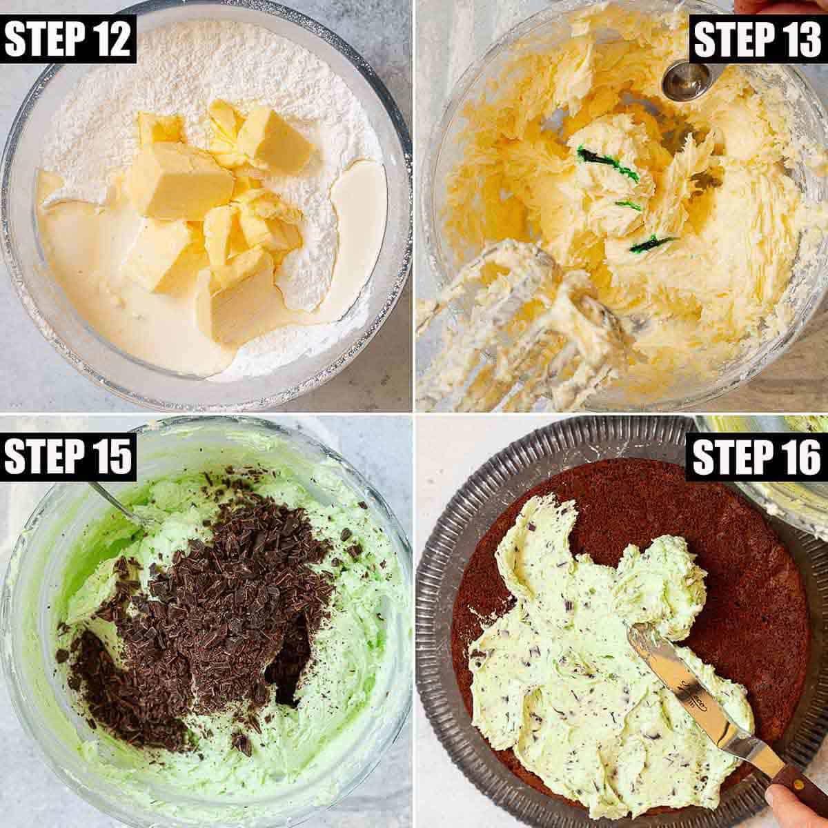 Collage of images showing mint chocolate chip buttercream being made.