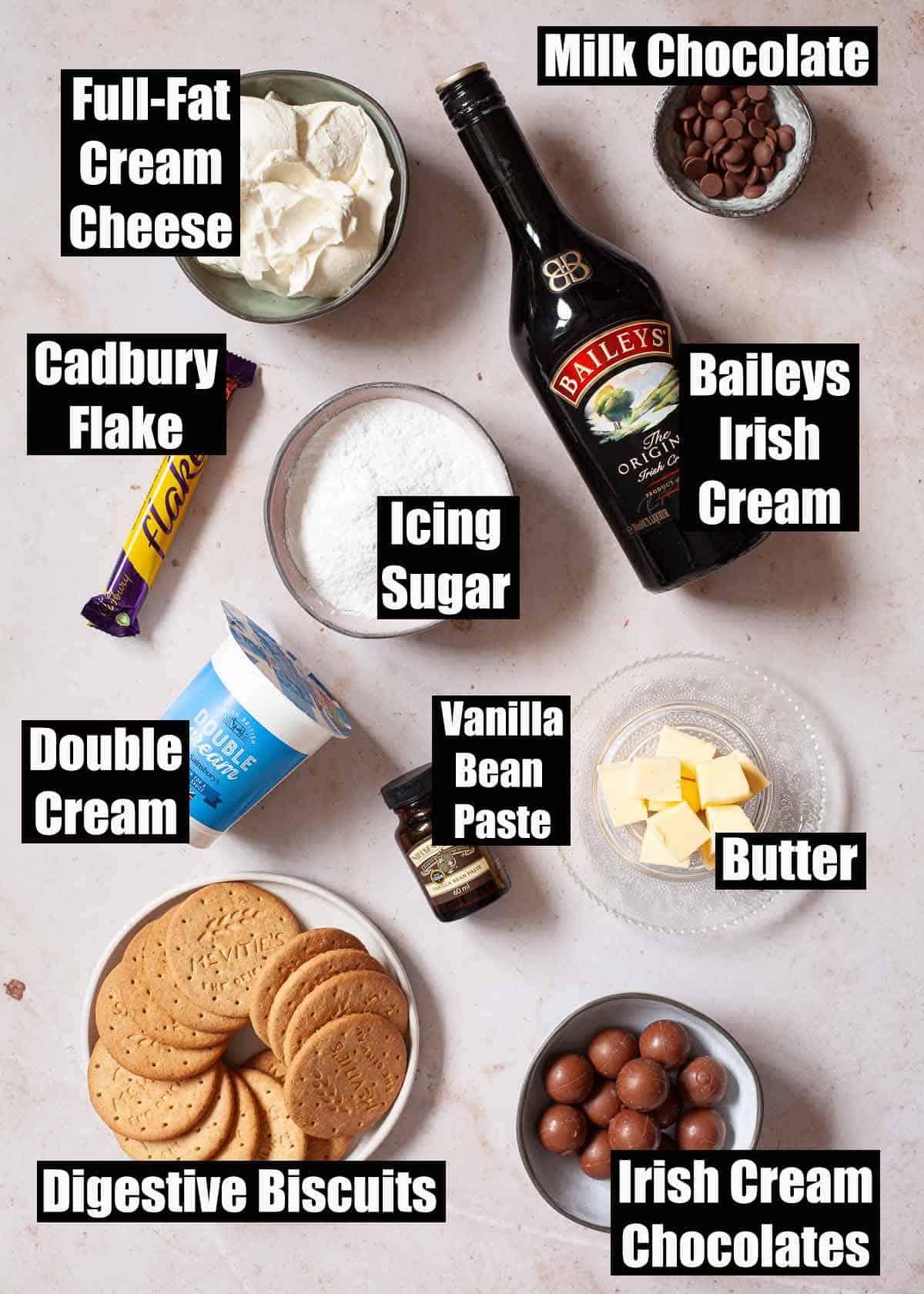 Labelled ingredients for an Irish cream liqueur dessert.