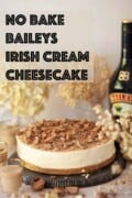 A whole cheesecake topped with chocolates with glasses of irish cream dessert alongside and text overlay.