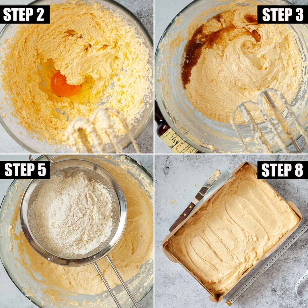 Collage of images showing cake batter being made.