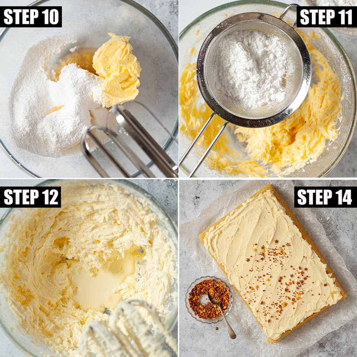 Collage of images showing buttercream being made and spread onto a cake.