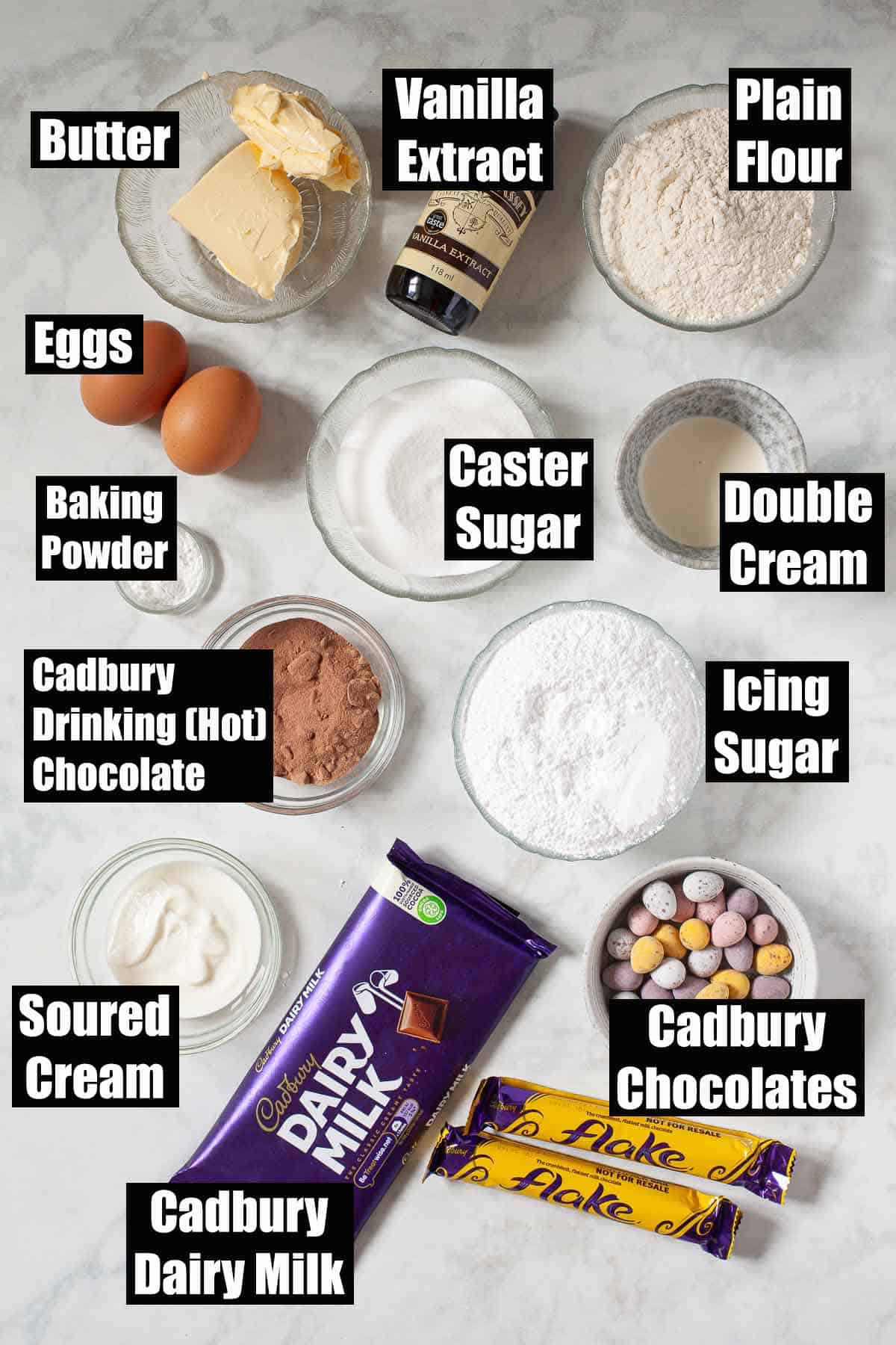 Ingredients with labels for Cadbury cupcakes.