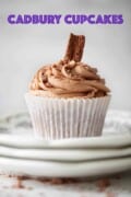 Labelled image of a Cadbury cupcake made with Dairy Milk chocolate and garnished with a piece of Cadbury Flake.