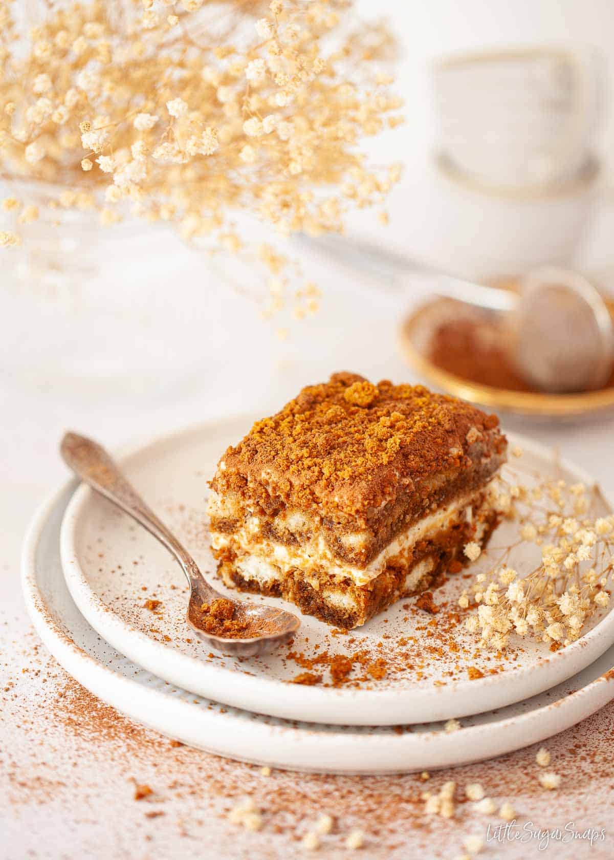 A slice of coffee and mascarpone tiramisu with speculoos cookies crumbled on the top.