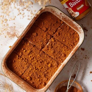 Close up of Biscoff tiramisu with portions scored on the top ready for serving.