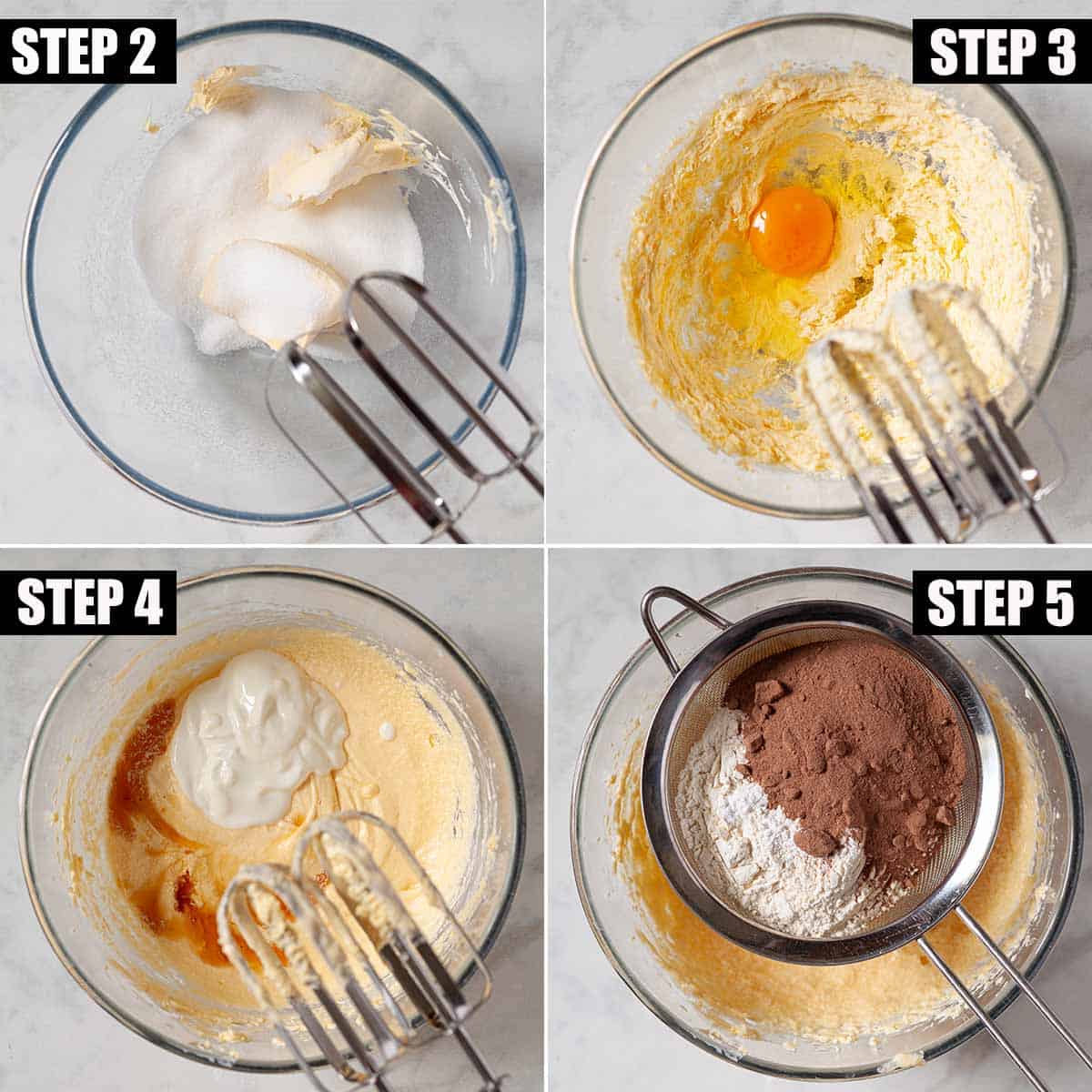 Collage of images showing cake batter being made.