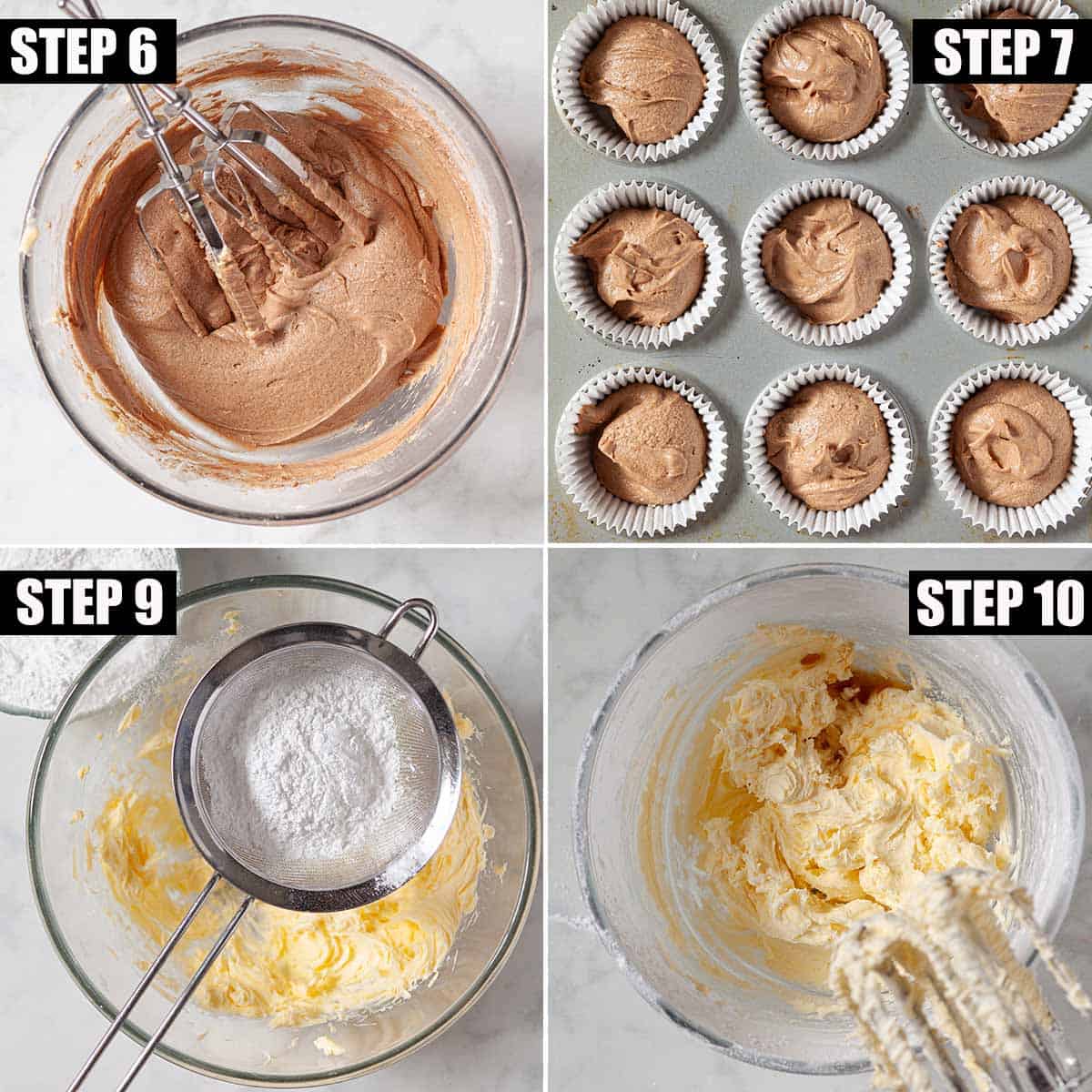 Collage of images showing cake batter and buttercream being made.