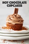 Labelled image of a hot chocolate cupcake with milk chocolate buttercream and a piece of Cadbury Flake chocolate.