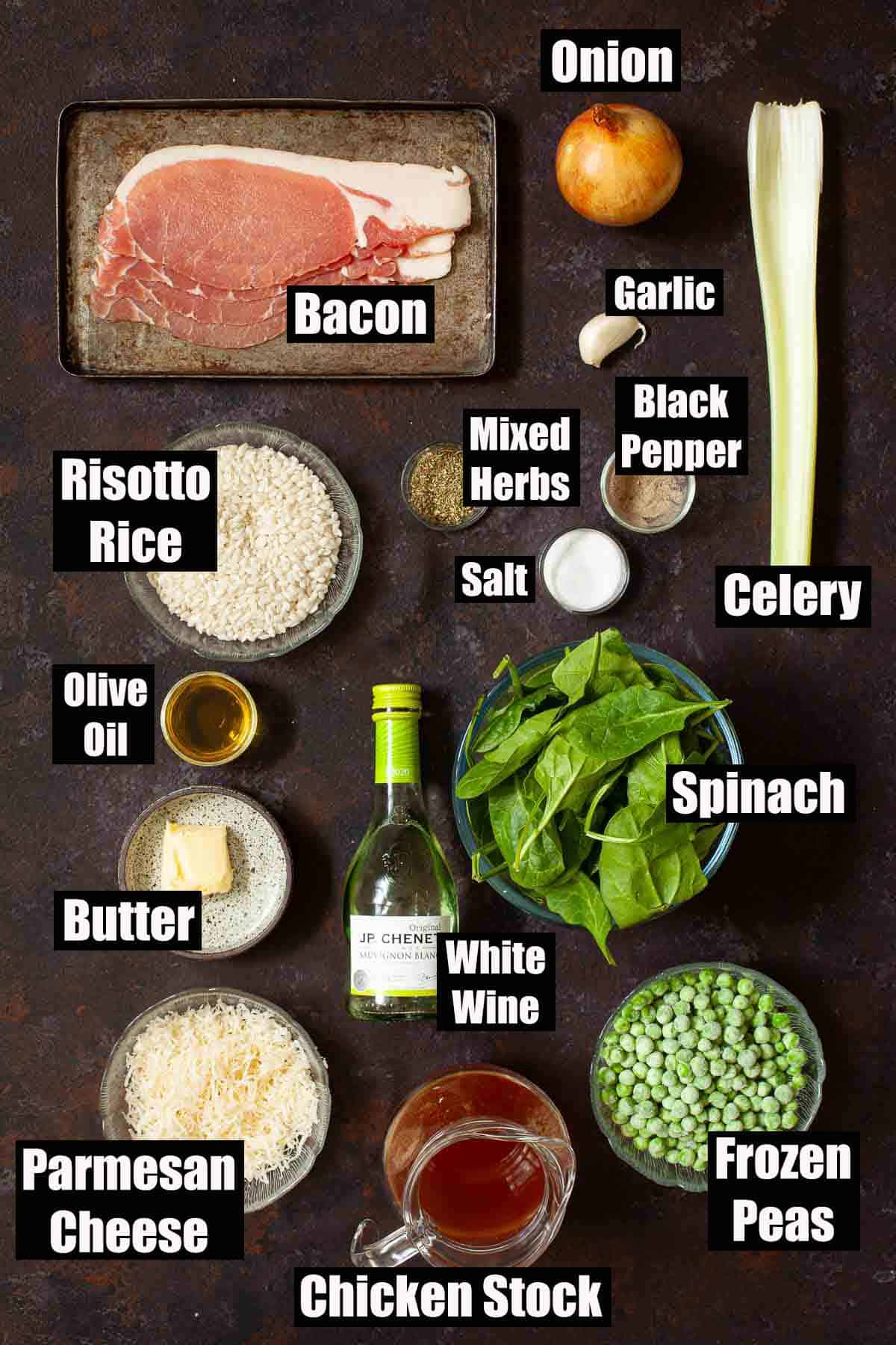 Labelled ingredients for a risotto recipe with bacon, peas and spinach.