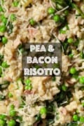 Labelled image of pea and bacon risotto.