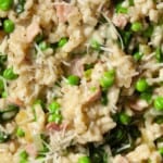 Close up of bacon risotto with peas.