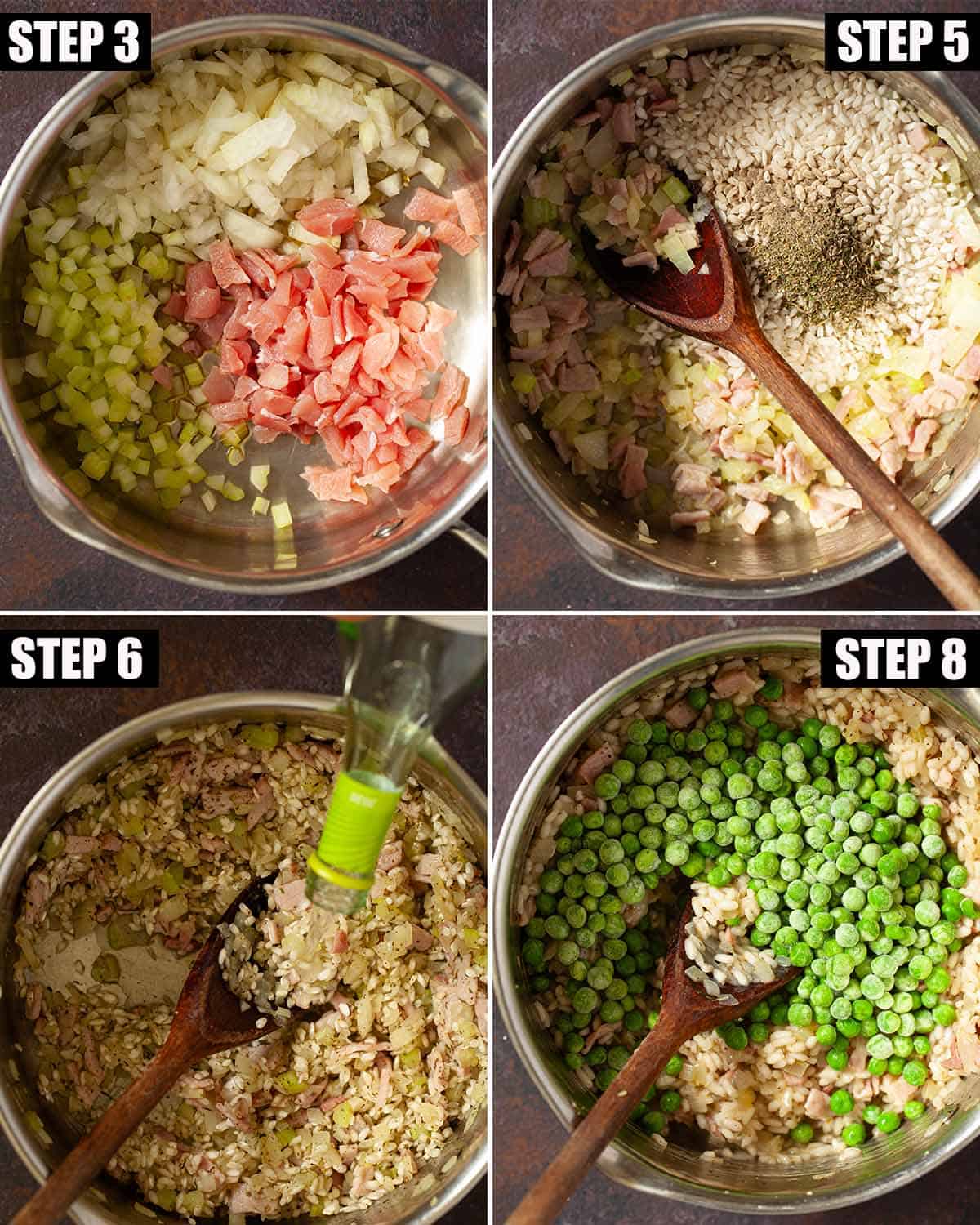 Collage of images showing a bacon and pea Arborio rice dish being made.