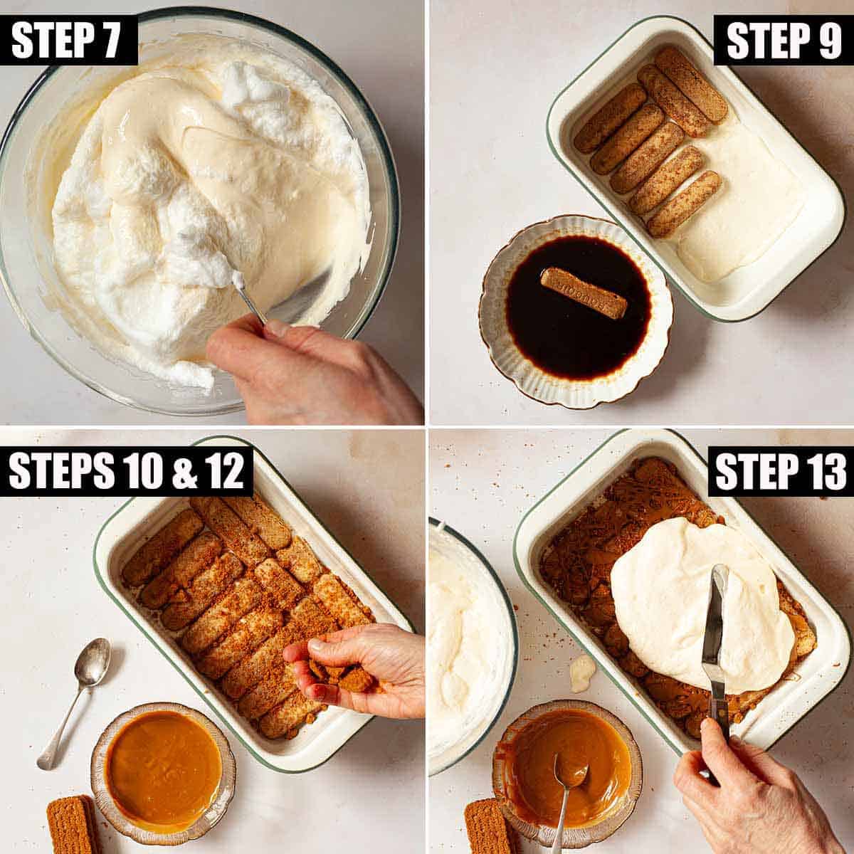 Process images showing a mascarpone and coffee dessert being assembled.