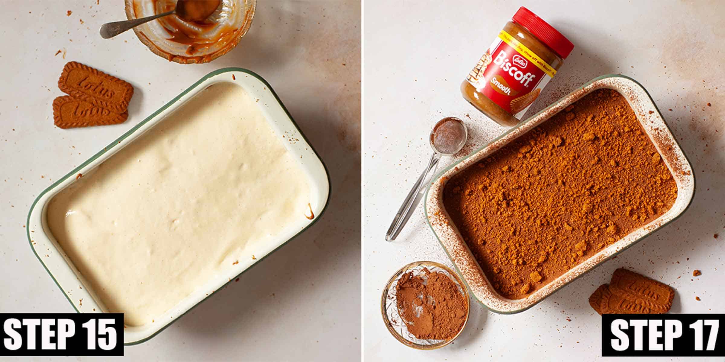 Process images showing a Biscoff dessert being assembled.