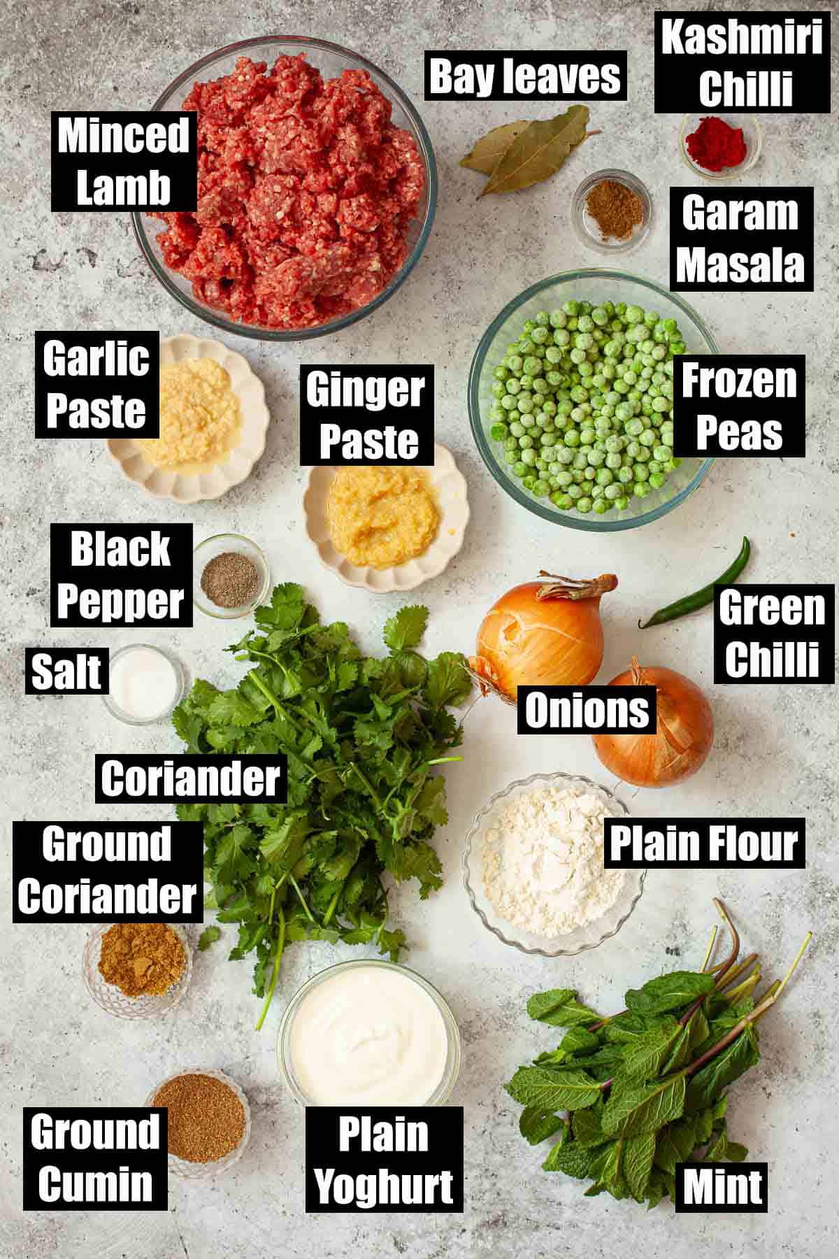 Ingredients for curried shepherd's pie filling with text overlay.