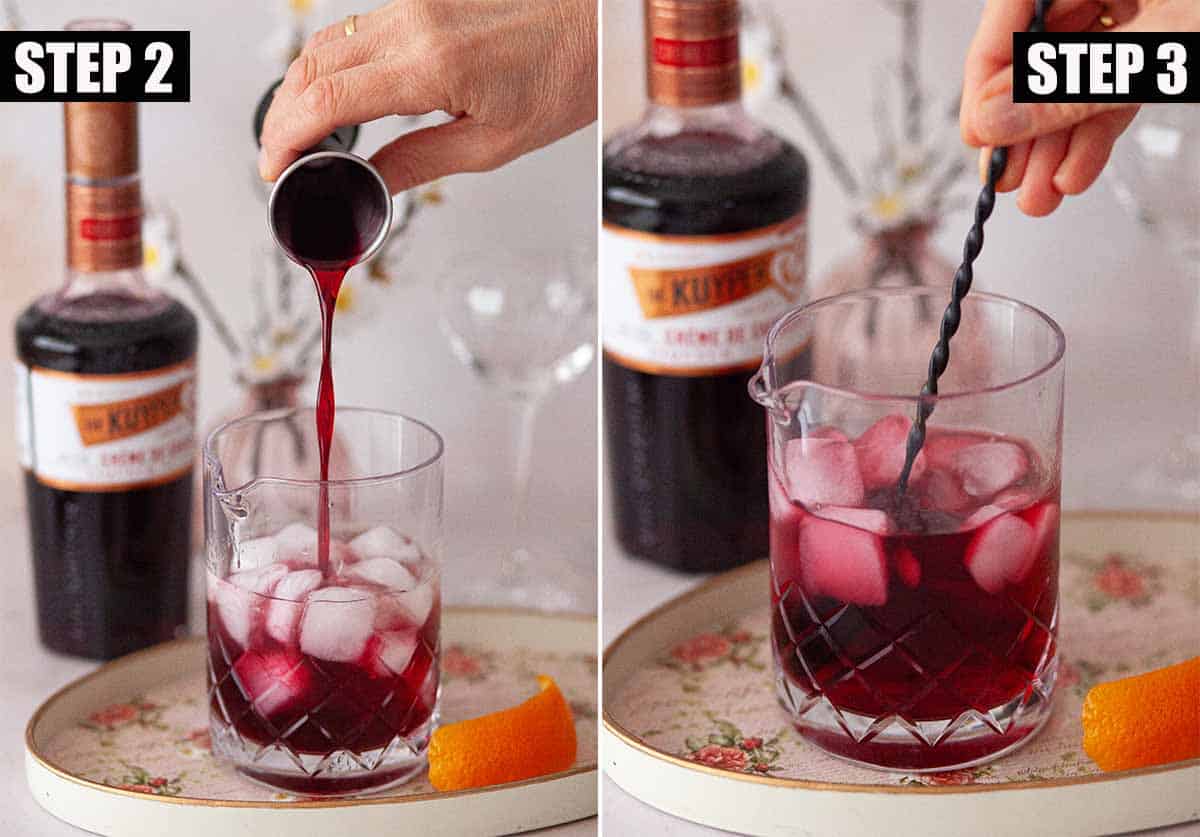 Mixing a blackcurrant cocktail in a jug with ice.