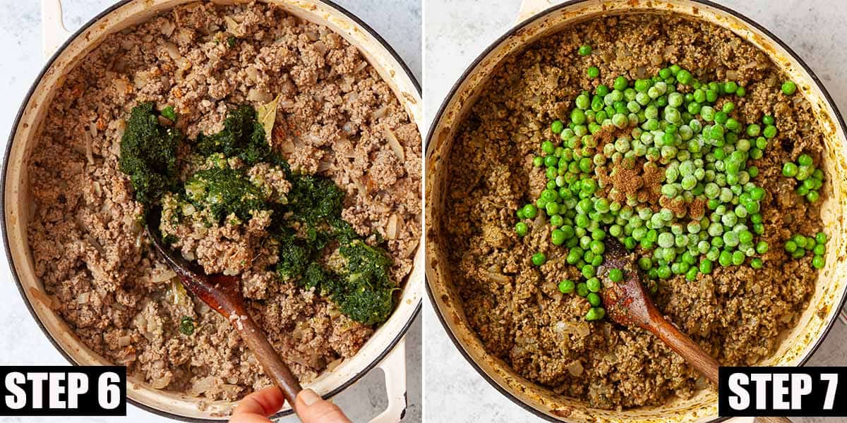 Collage of images showing keema matar being prepared.