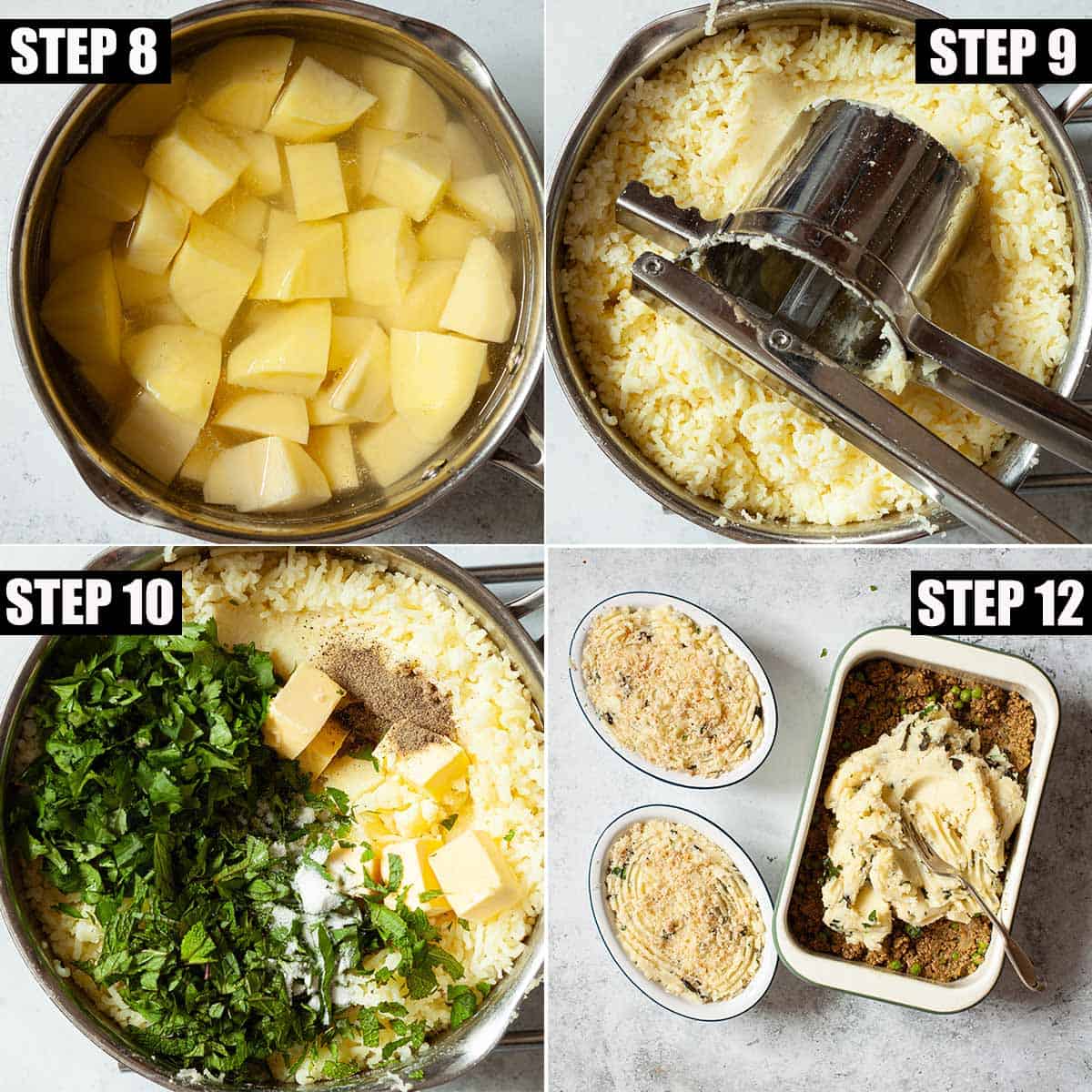 Collage of images showing herby mashed potatoes being prepared and spread onto a pie.