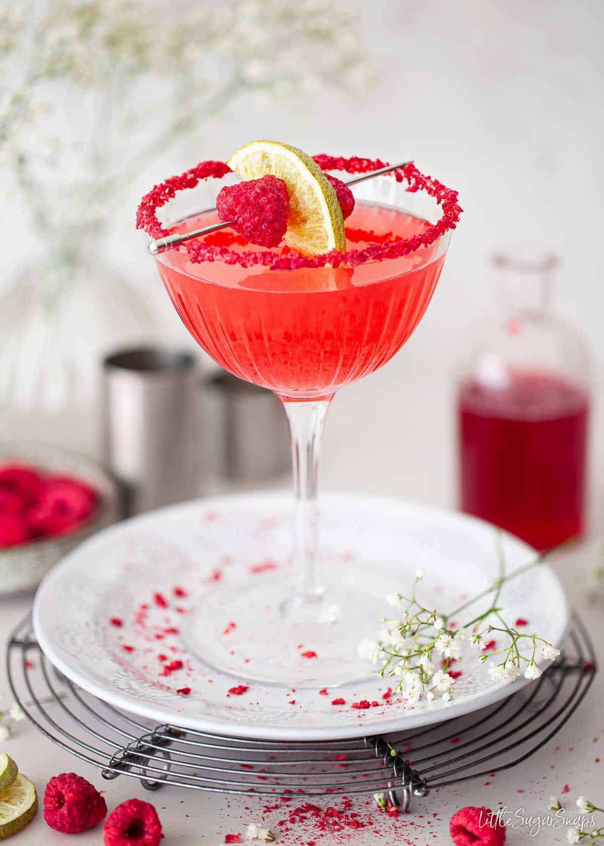 A raspberry margarita cocktail with crushed raspberry rim and fruit skewer garnish.