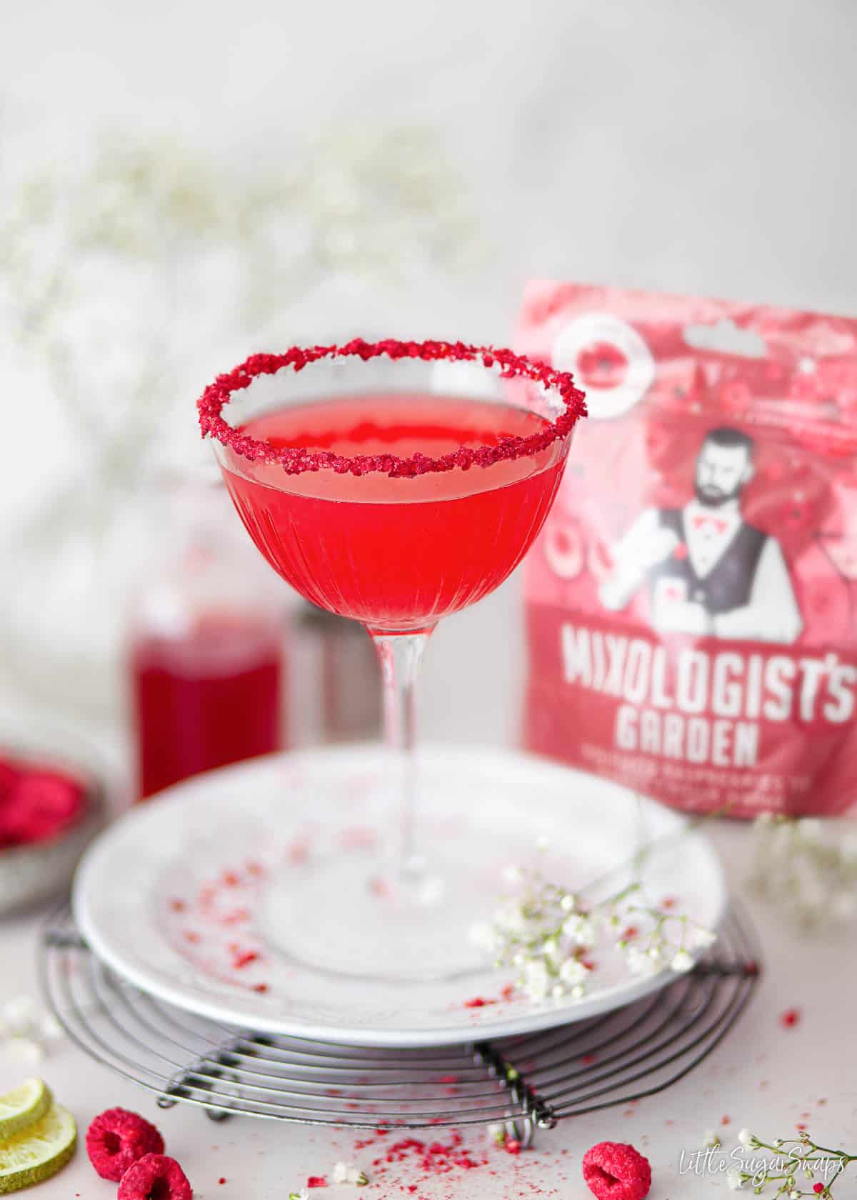 A raspberry margarita cocktail with crushed raspberry rim garnish.