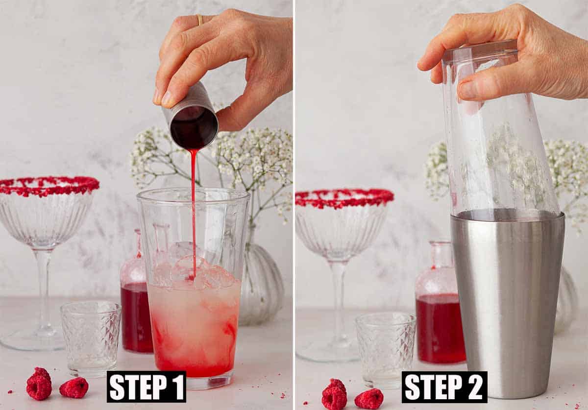 A raspberry cocktail being poured and shaken.