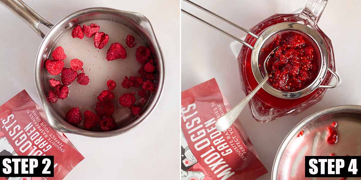 Raspberry syrup being made from freeze dried fruit.