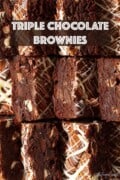 Labelled image of triple chocolate brownies leaning against each other to show the top and insides.