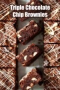 Squares of triple chocolate chip brownies on their side with text overlay.