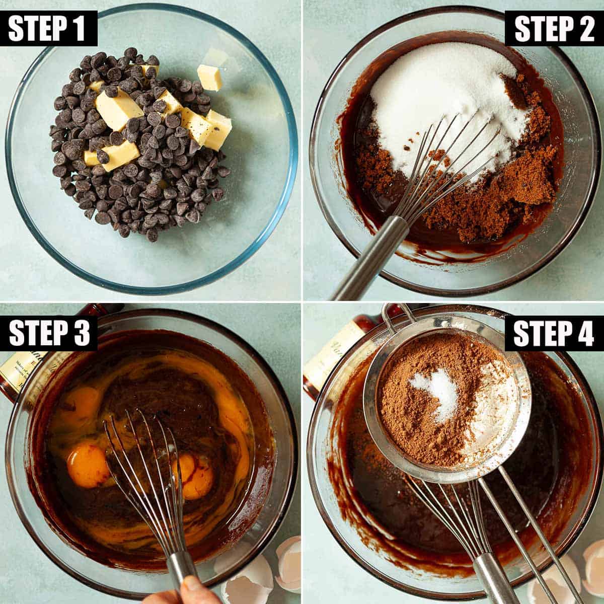 Collage of images showing chocolate batter being made.