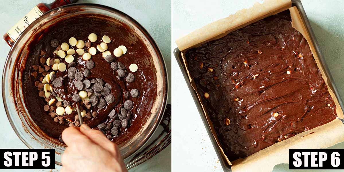 Collages of images showing chocolate chip brownie batter being made.