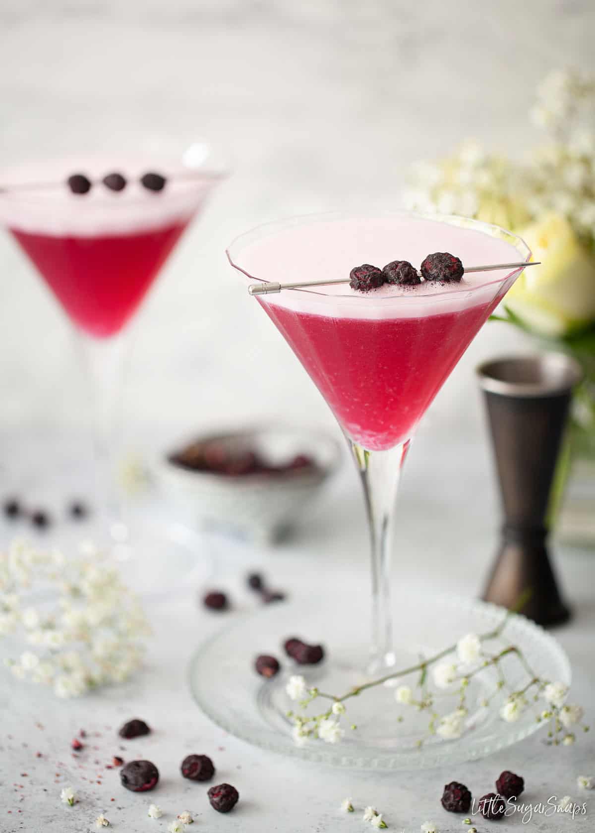 Two blueberry cocktails garnished with freeze dried blueberries on cocktail picks.