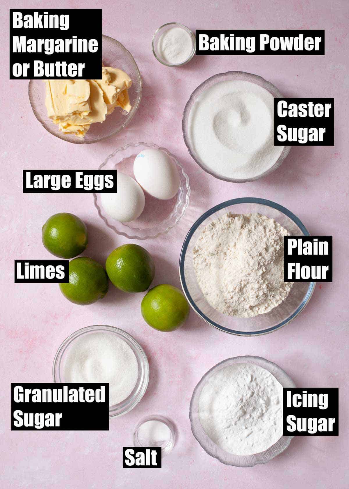 Labelled ingredients for a lime loaf cake.