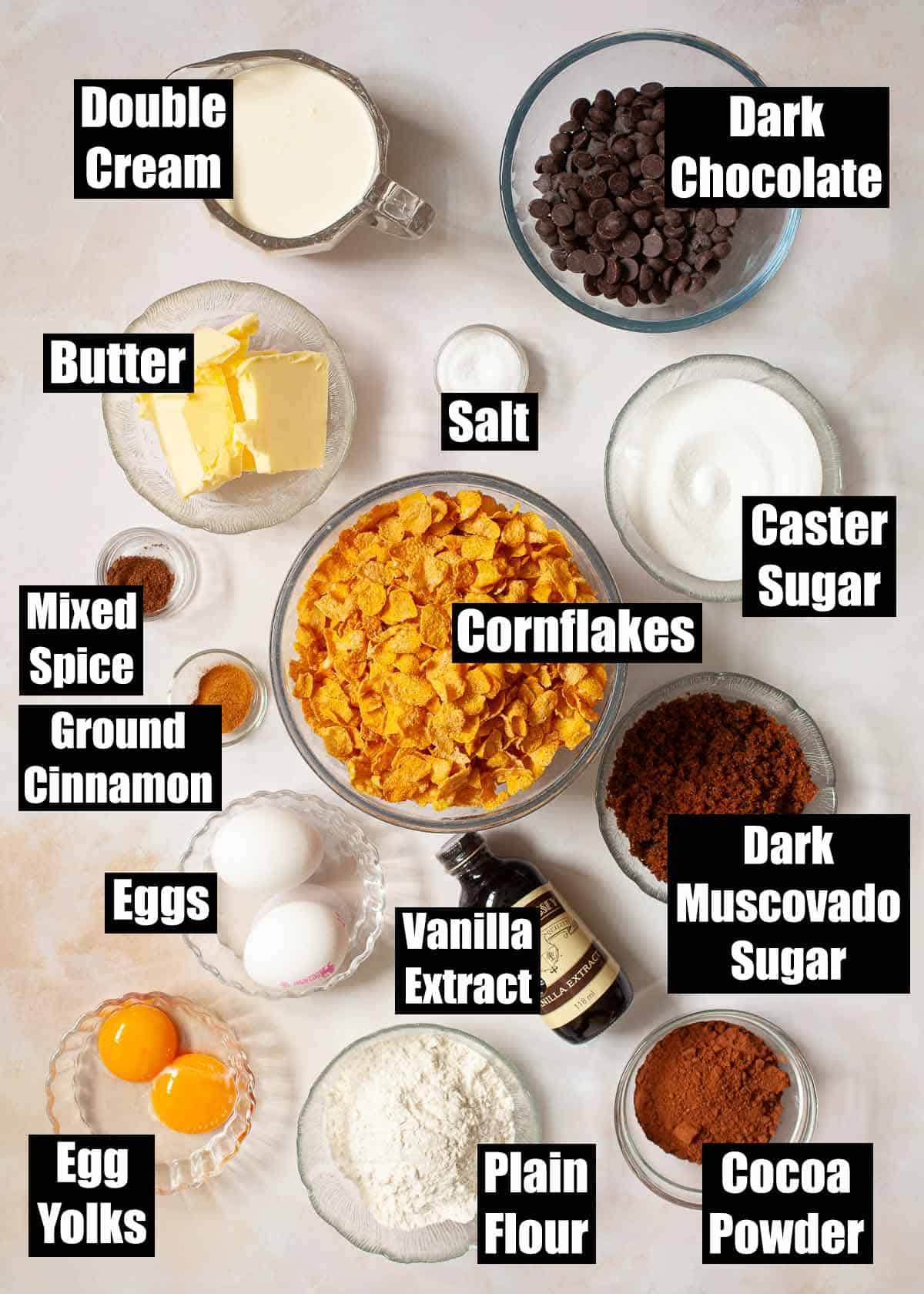 Labelled ingredients for a caramel cornflake brownie recipe.