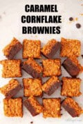 Sixteen squares of caramel cornflake brownies with text overlay.