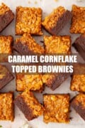 Labelled image of cornflake brownies, some of which are on their side.