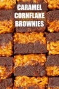 Caramel cornflake bars with text overlay.