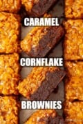 Squares of brownies with a cornflake topping on their side with text overlay.