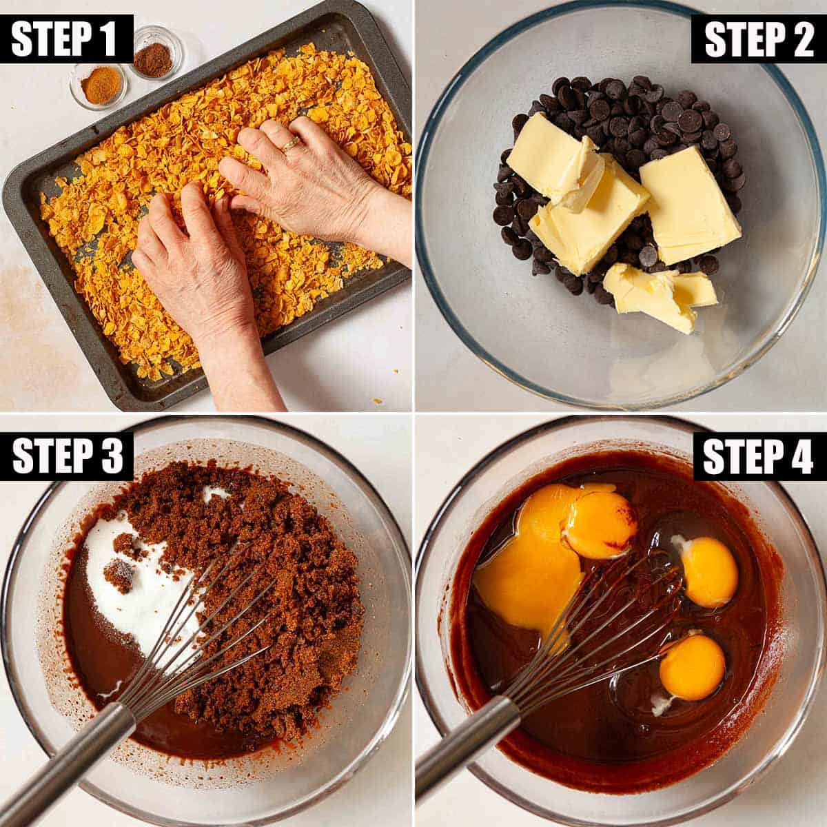 Collage of images showing a chocolate cornflake recipe being made.