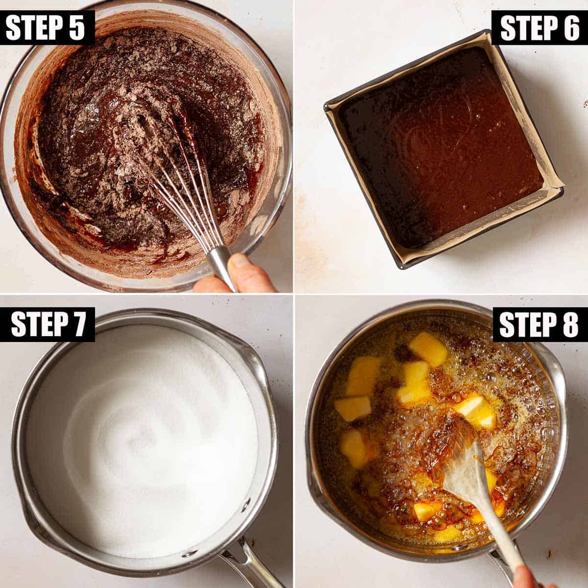 Collage of images showing brownies and caramel being made.