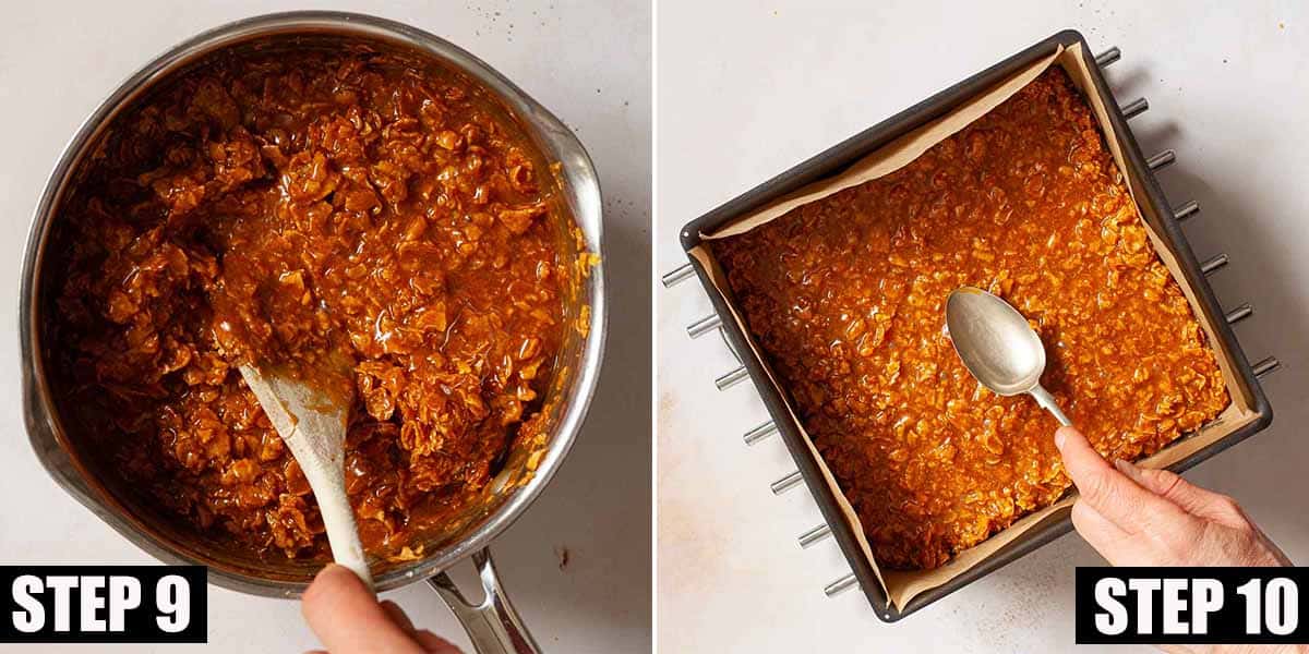 Collage of images showing cornflakes being covered in caramel and spread in a tin.