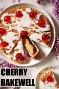 A labelled image of cherry and almond Bakewell tart that has been partially sliced.