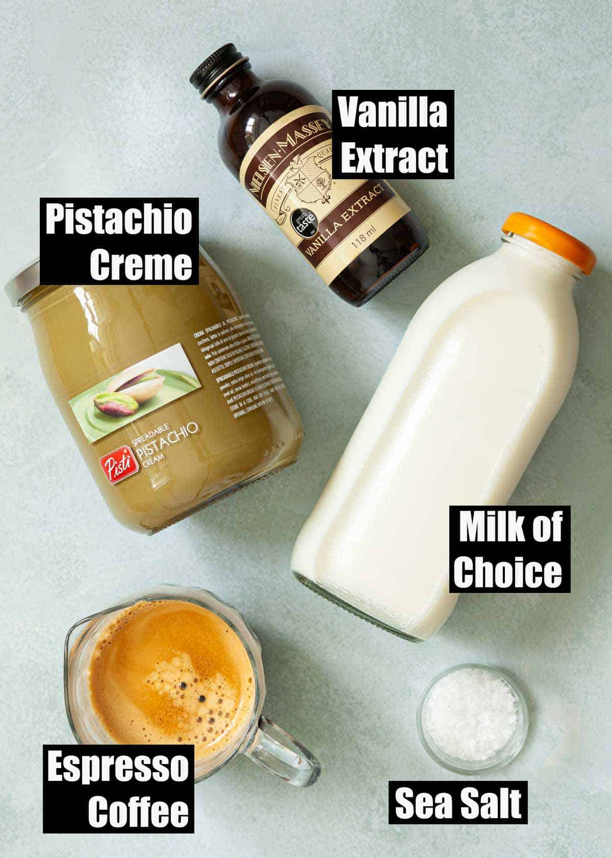 Labelled ingredients for a pistachio coffee drink.