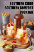 Southern Comfort cocktail garnished with cinnamon and freeze-dried fruit with text overlay.