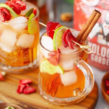 Close-up of a Southern Comfort cocktail garnished with cinnamon and freeze-dried fruit.
