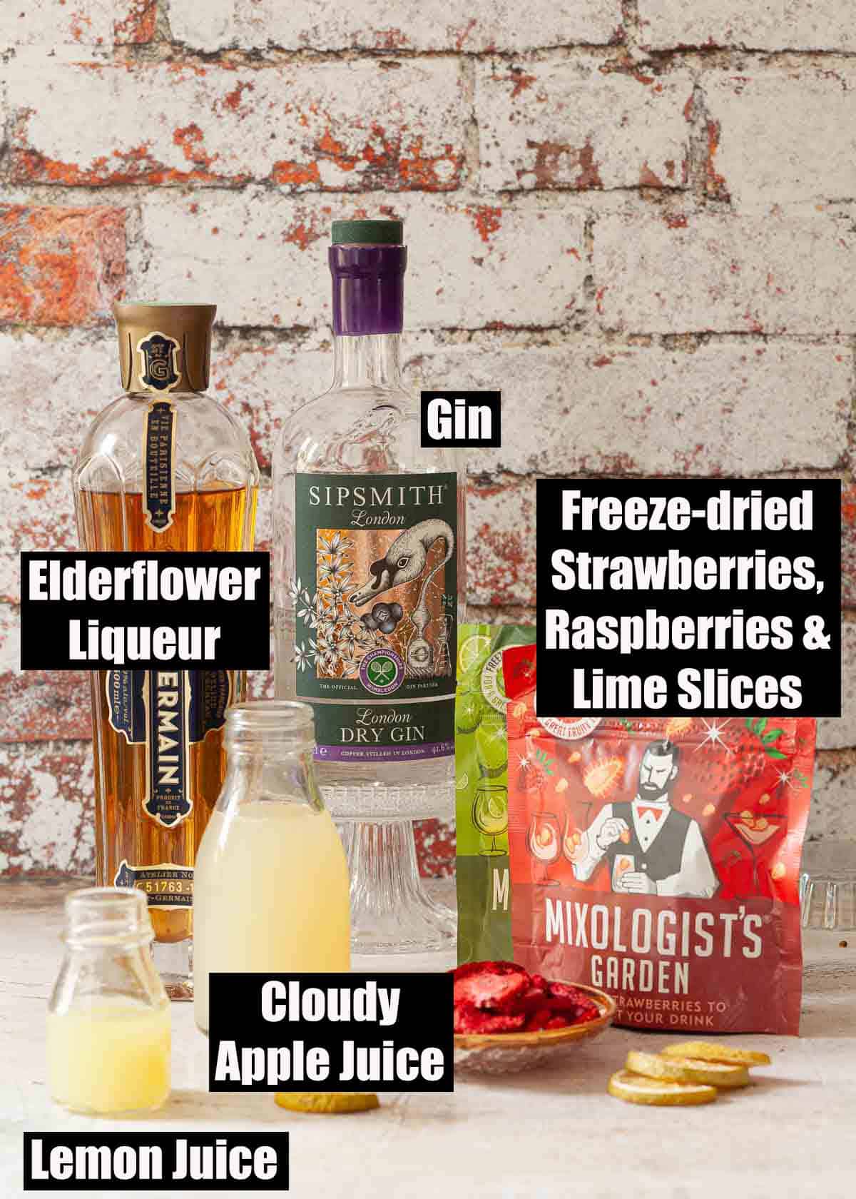 Labelled ingredients for a classic English cocktail.