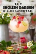 A gin elderflower & apple English Garden cocktail with text overlay.